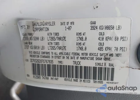 2007 Dodge Ram 2500 Slt/Trx4 Off Road/Sport/Power Wagon из США, поврежденный, VIN 3D7KS26D97G767835